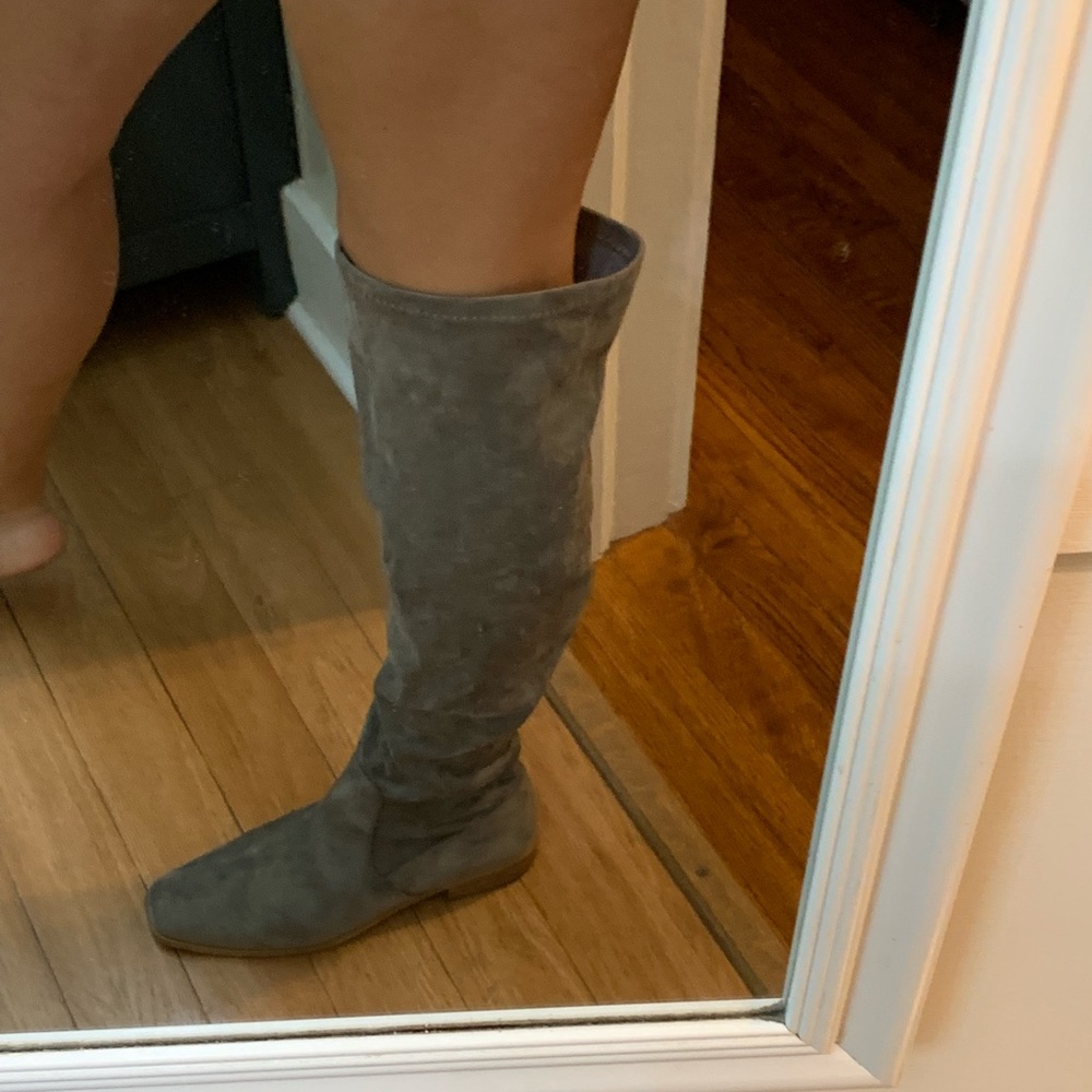 Gray suede knee high boots
